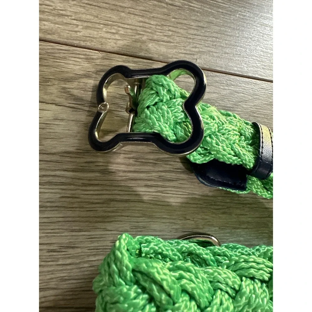 Green Braided Rope Belt Navy Blue Enamel Quatrefoil Buckle Preppy Nautical 31in